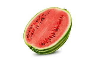 Half of green, striped watermelon isolated on white with copy space for text, images. Cross-section. Berry with pink flesh, black seeds. Close-up. photo