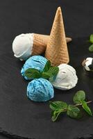 Close-up shot of a creamy and blueberry ice cream served on a dark slate, black background. photo