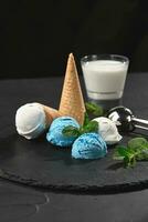 Close-up shot of a creamy and blueberry ice cream served on a dark slate, black background. photo