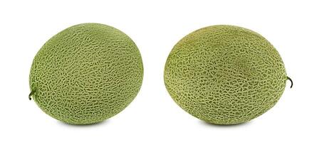 Two sweet cantaloupe melons isolated on white background with copy space for text or images. Side view. Close-up shot. photo