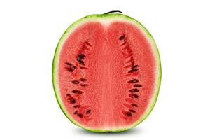 Half of green, striped watermelon isolated on white with copy space for text, images. Cross-section. Berry with pink flesh, black seeds. Close-up. photo