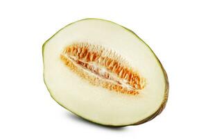 Half of delicious green tendral melon in cross-section, isolated on white background with copy space for text or images. Side view. Close-up shot. photo