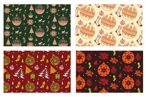 Vintage Christmas Baubles and Trees Pattern Set in Four Colors vector