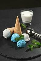 Close-up shot of a creamy and blueberry ice cream served on a dark slate, black background. photo