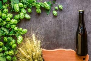 Bottle of beer with Brewing ingredients. Hop flower with wheat. Top view photo