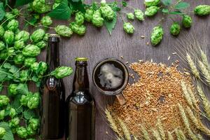 botella y vaso cerveza con trigo y lúpulo como fabricación de cerveza ingredientes en parte superior ver y Copiar espacio zona foto