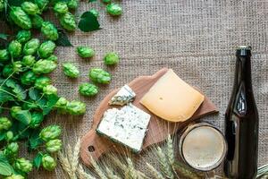 Beer background. Fresh beer and the salty cheese on a table. Top view photo