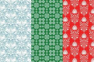 Featuring White Floral and Geometric Designs on Blue, Green, and Red vector