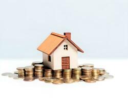 house model and coins on white background. real estate and investment concept. photo