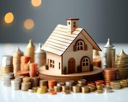 house model and coins on white background. real estate and investment concept. photo