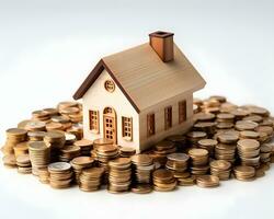 house model and coins on white background. real estate and investment concept. photo