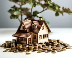 house model and coins on white background. real estate and investment concept. photo