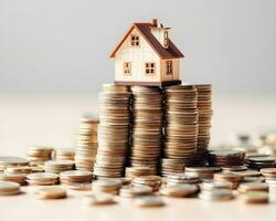 house model and coins on white background. real estate and investment concept. photo