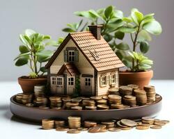 house model and coins on white background. real estate and investment concept. photo