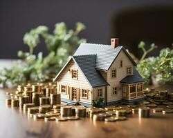 house model and coins on white background. real estate and investment concept. photo