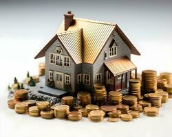 house model and coins on white background. real estate and investment concept. photo