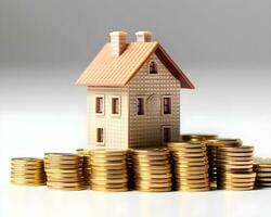 house model and coins on white background. real estate and investment concept. photo