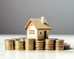 house model and coins on white background. real estate and investment concept. photo