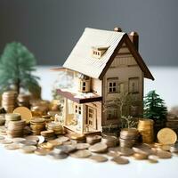 house model and coins on white background. real estate and investment concept. photo