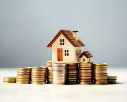 house model and coins on white background. real estate and investment concept. photo