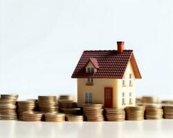 house model and coins on white background. real estate and investment concept. photo