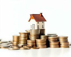 house model and coins on white background. real estate and investment concept. photo