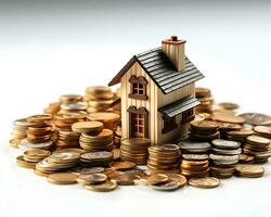 house model and coins on white background. real estate and investment concept. photo