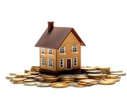 house model and coins on white background. real estate and investment concept. photo