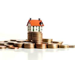 house model and coins on white background. real estate and investment concept. photo