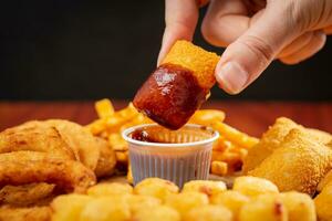 crujiente frito pollo pepitas con caliente perro, papas fritas y salsa foto