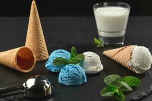 Close-up shot of a creamy and blueberry ice cream served on a dark slate, black background. photo