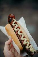 Delicious hot dog with sausages and ketchup in hand photo