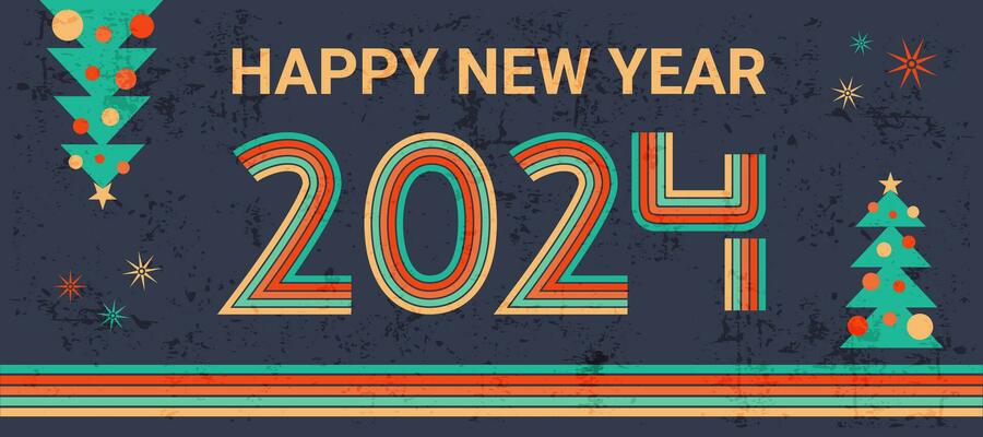Retro colorful New Year 2024 backdrop with bright stripes and text greeting, groovy background with scuffed texture, old style abstract banner with Christmas trees. Vector illustration.