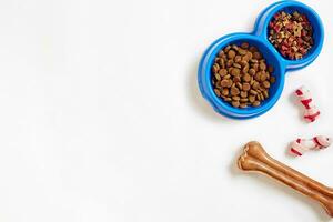 Dry pet food in bowl and bone on white background top view photo