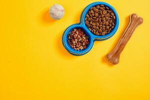 Dry pet food in bowl with a ball and dog bone on yellow background top view photo