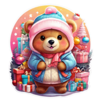 merry christmas sticker with a bear mascot on a transparent background png