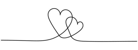 Continuous one line drawing of heart shapes, vector minimalist black and white illustration of love valentine day concept. Editable stroke