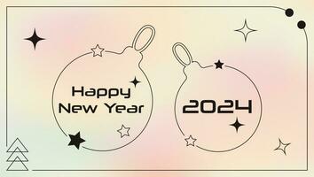 Y2k New Year retro Banner in abstract aesthetic style. Vector illustration with 2000s pastel gradients. Design template with stars, shapes, Christmas tree, decorations on Pale colorful background.