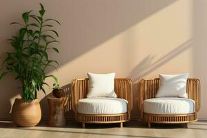 Bamboo furniture set in a minimalist room isolated on a gradient background photo