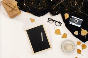 Autumn concept, dried fall leaves, mug of cocoa, old camera, scarf and wooden plank with blank screen. Mock up photo