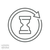 Anti aging hourglass icon. Simple outline style. Waiting slow time, anti old, clock, sandglass with round arrow, timer concept. Thin line symbol. Vector illustration isolated. Editable stroke.