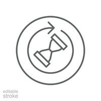 Anti aging hourglass icon. Simple outline style. Waiting slow time, anti old, clock, sandglass with round arrow, timer concept. Thin line symbol. Vector illustration isolated. Editable stroke.