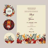 Vector ornate Wedding Invitation Card with Envelop Stickers. Floral round stickers, labels, tags, monogram with one Wedding card template in fall colors with place for texts