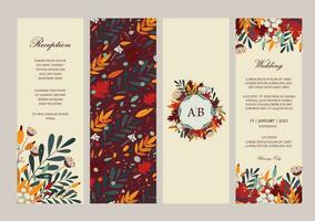 vector florido Boda invitación tarjetas en otoño colores. conjunto de 4 4 otoño temática invitación tarjeta modelo con floral adornos y sitio para textos.