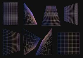 Collection geometry wireframe grids in neon gradient color.Aabstract backgrounds, patterns, cyberpunk elements in trendy psychedelic rave style. Y2k retro futuristic aesthetic. vector