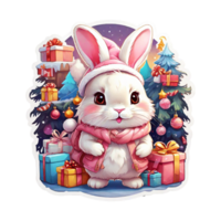 fröhlich Weihnachten Aufkleber mit ein Hase Maskottchen auf ein transparent Hintergrund png