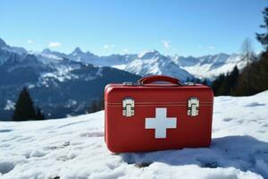 First aid kit in frosty alpine setting background with empty space for text photo