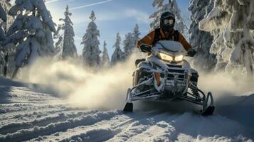 Snowmobile navigating swiftly through heavy snow for alpine rescue operation photo