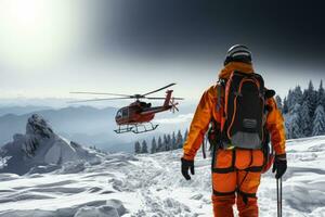 Cross country skier amidst alpine rescue operation background with empty space for text photo