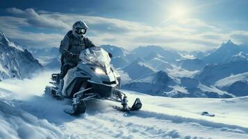 Snowmobile rushing towards alpine accident site background with empty space for text photo